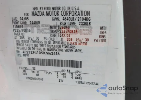 2005 Mazda Tribute S из США, поврежденный, VIN 4F2YZ94105KM62456